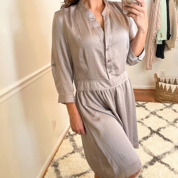 Aqua Satin Button Front Fit & Flare Dress Taupe L - Picture 2 of 11